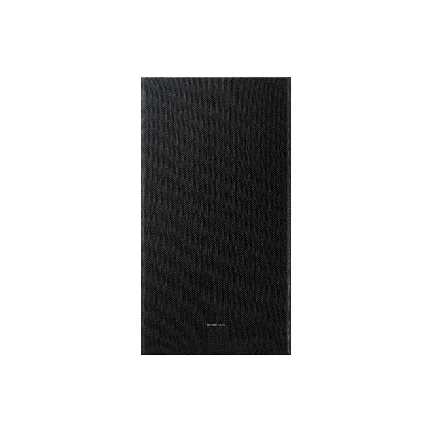 Black speaker with a mesh front, plain black background, and the Samsung logo.