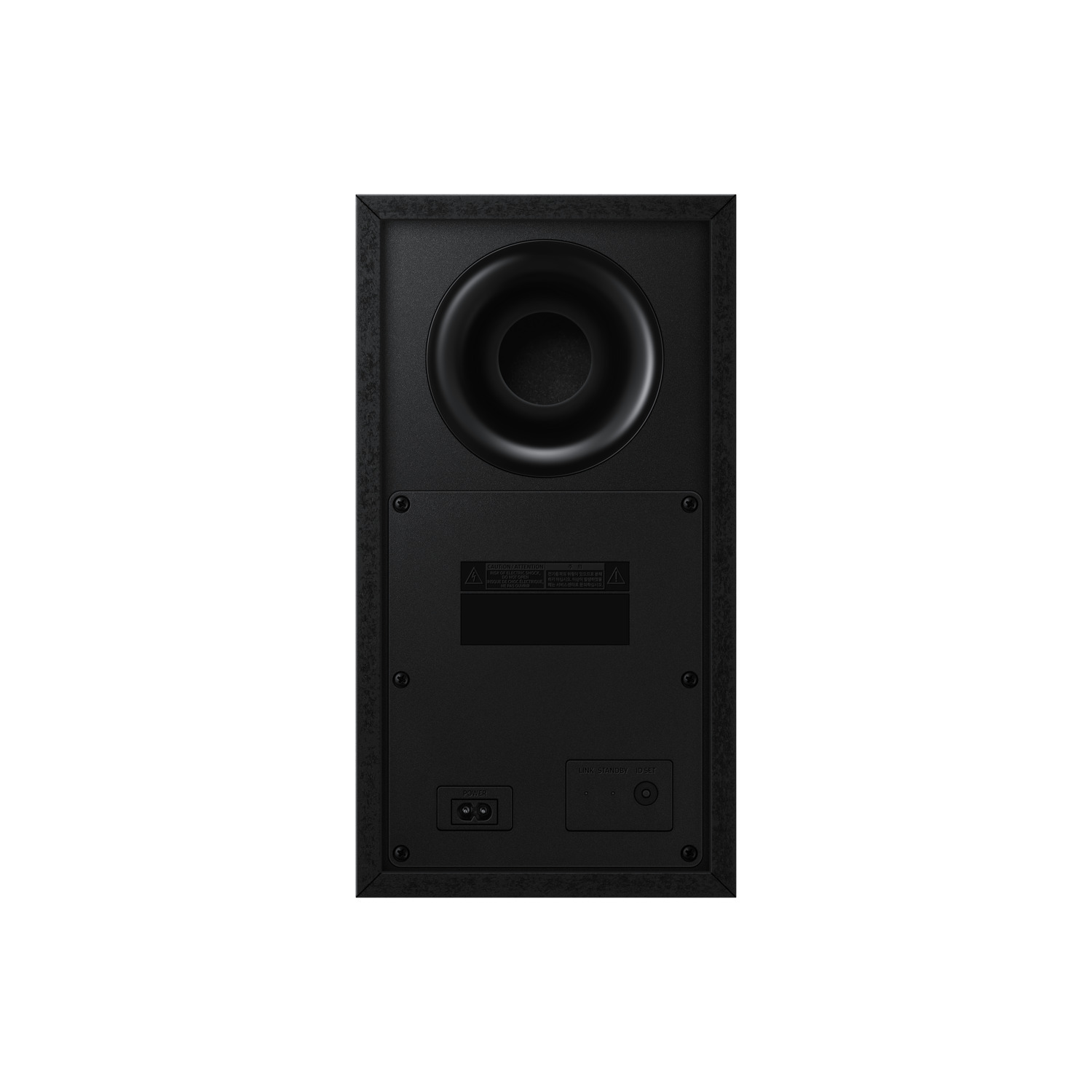 Back of a black subwoofer with ports and a warning label, on a white background.