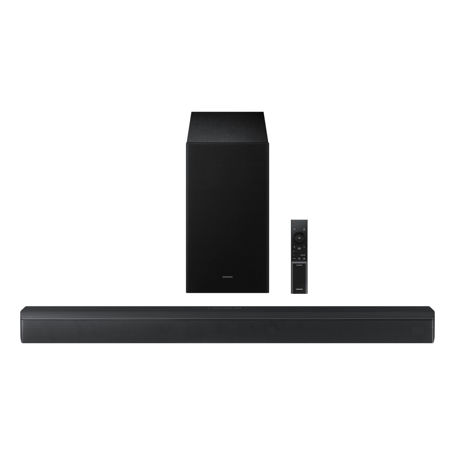 Black soundbar, subwoofer, and remote on white background.