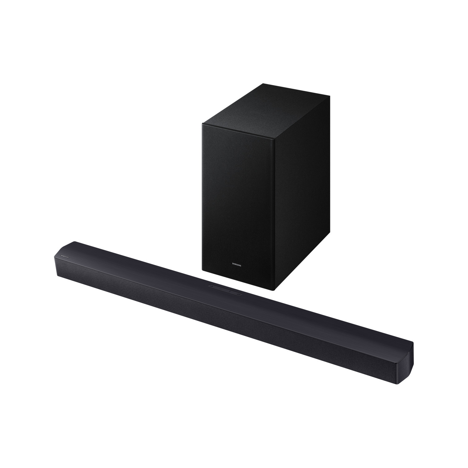 Zwarte soundbar en subwoofer, op wit, schuine weergave.