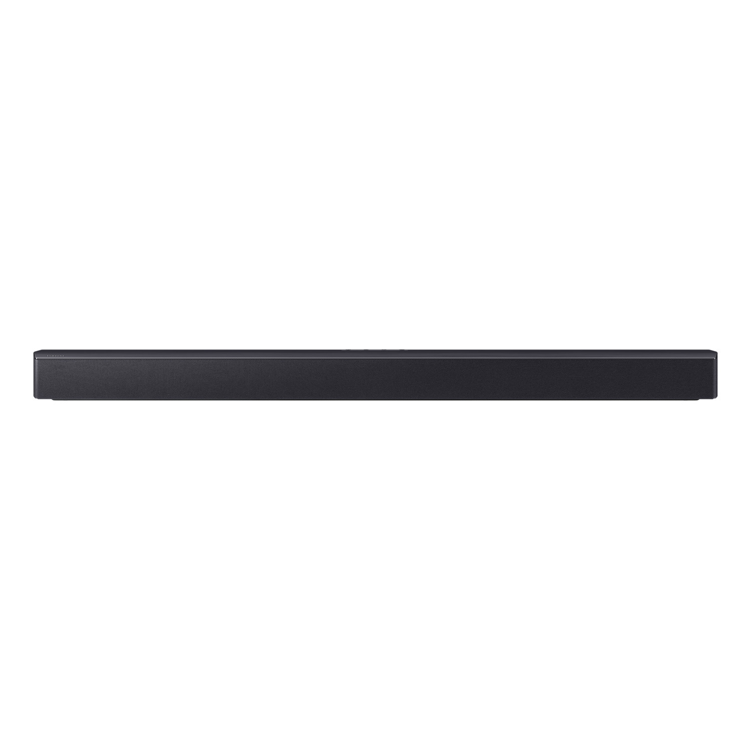 Zwarte soundbar, horizontaal, slank ontwerp, witte achtergrond, geïsoleerd.