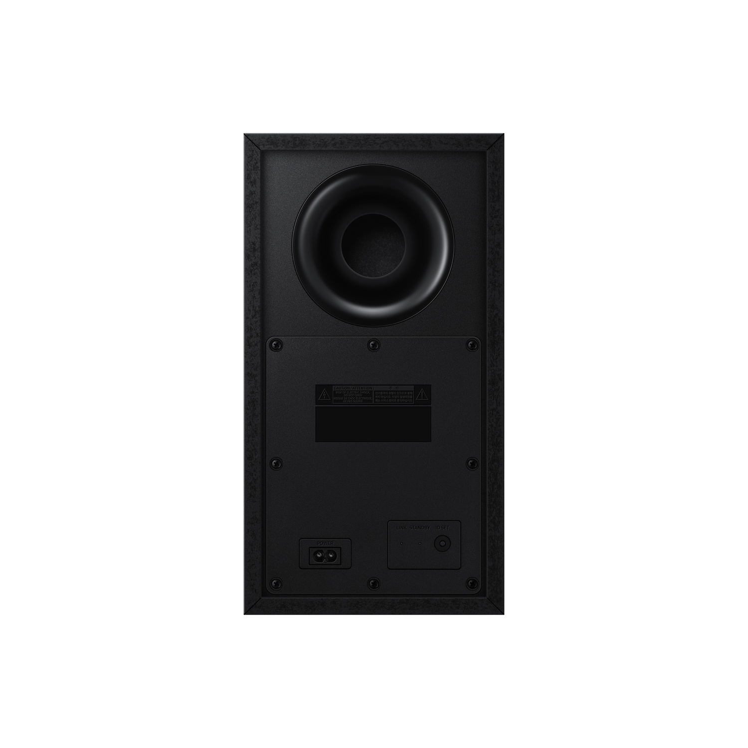 Een zwarte soundbar met een grote ronde luidspreker aan de achterkant en diverse poorten.