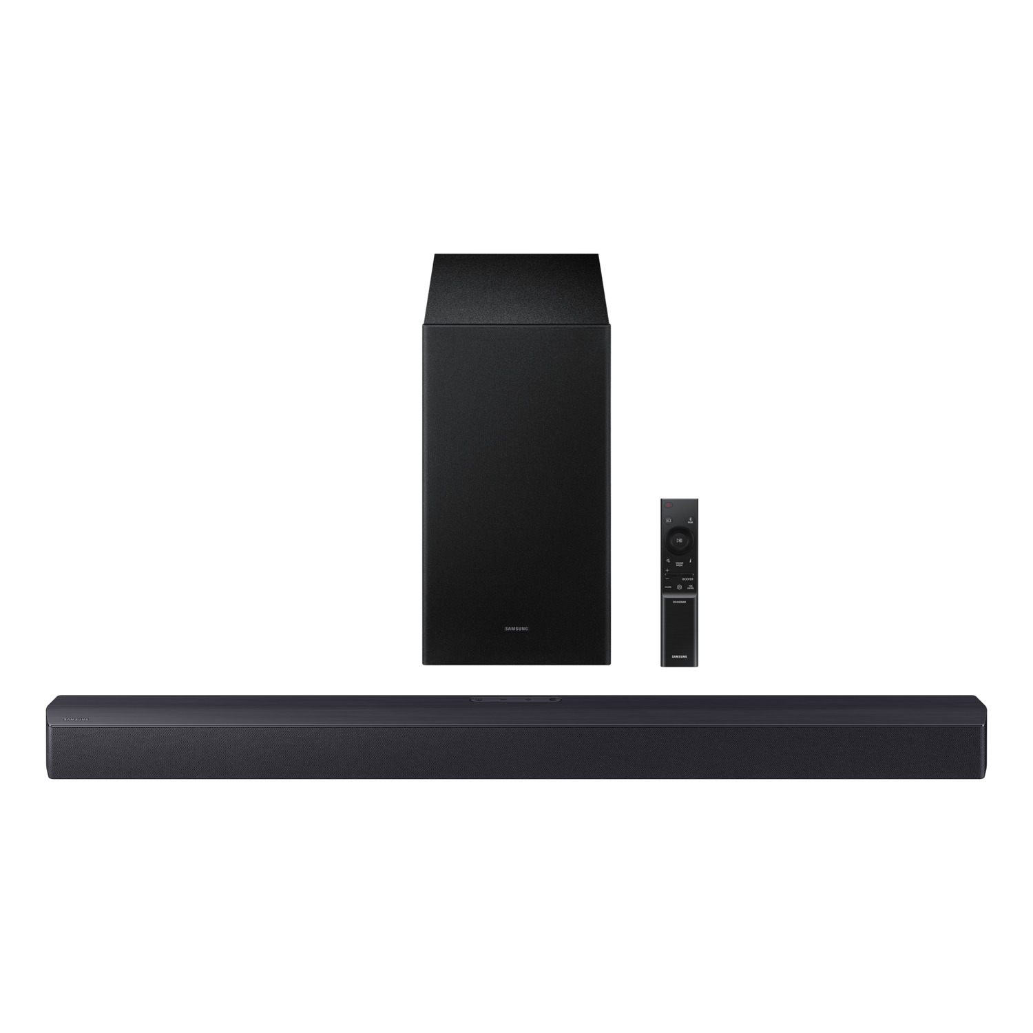 Een zwarte soundbar, subwoofer en afstandsbediening liggen op een witte ondergrond.