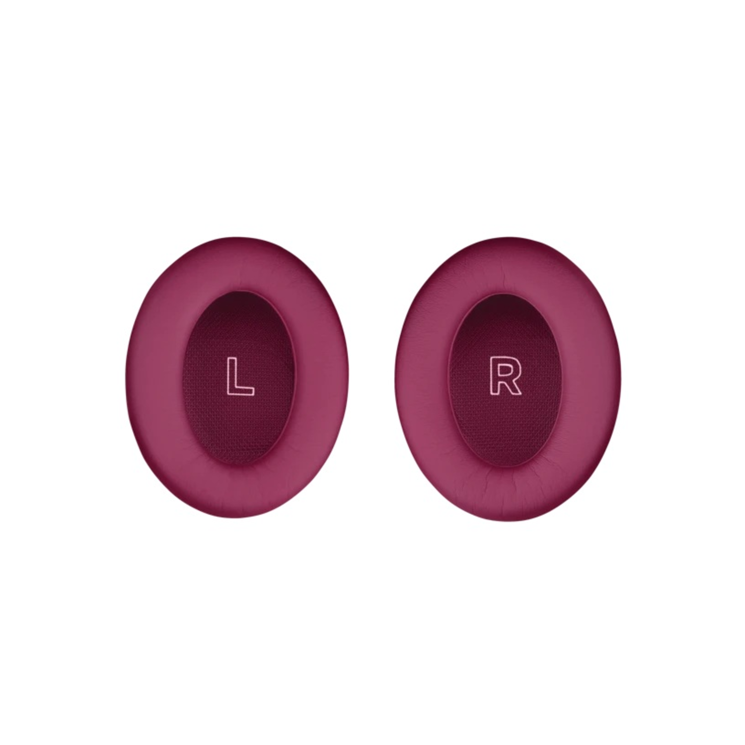Kopfhörerpolster. Eines zeigt den Buchstaben 'L', das andere 'R'. Pinke Farbe.