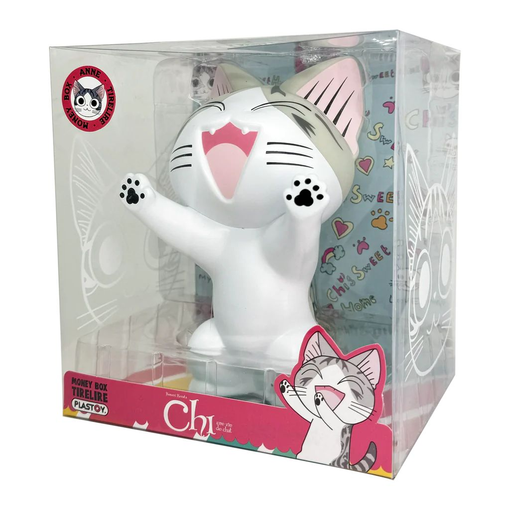 Eine Katzenfigur in einer transparenten Plastikbox.