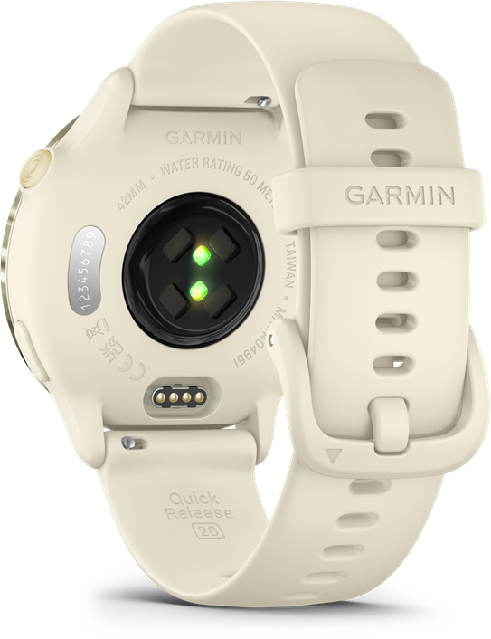 Egy krémszínű Garmin okosóra hátulja gombokkal és érzékelőkkel.