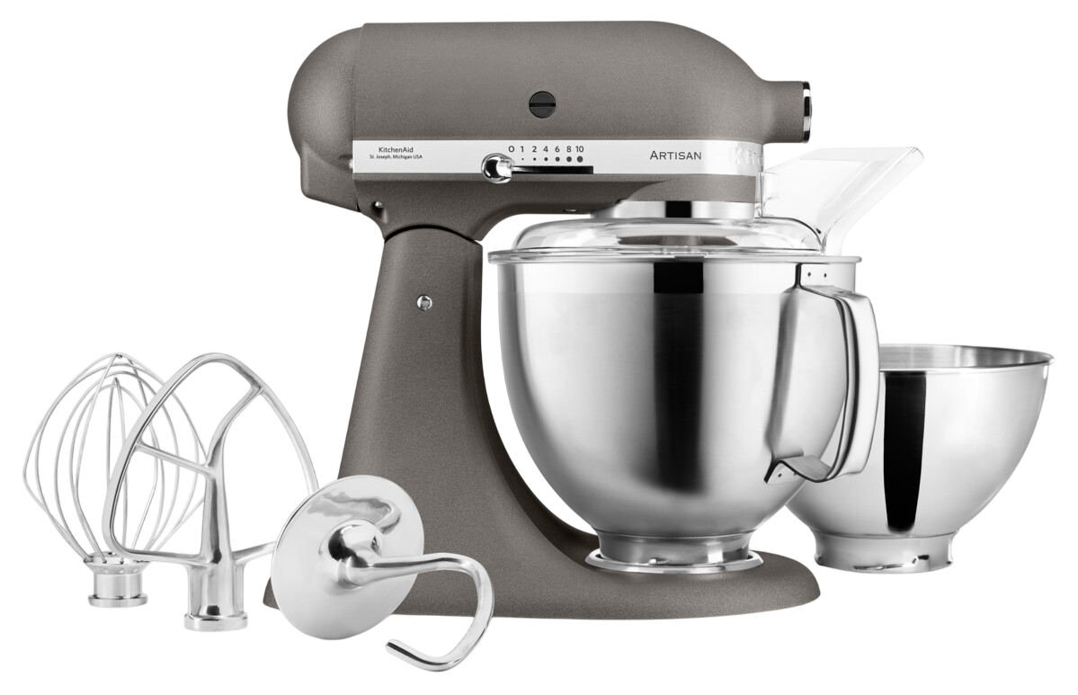 KitchenAid Küchenmaschine mit Aufsätzen, graue Farbe.