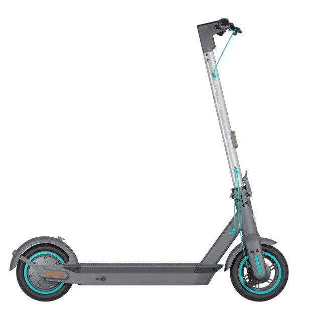 Szary i srebrny skuter elektryczny. Kierownica, koła i akcenty są turkusowe.