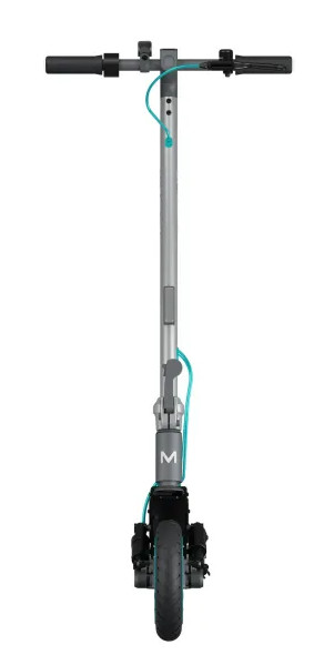 Srebrno-turkusowa hulajnoga elektryczna, widok z przodu. Widoczne kierownica, wspornik i opona.
