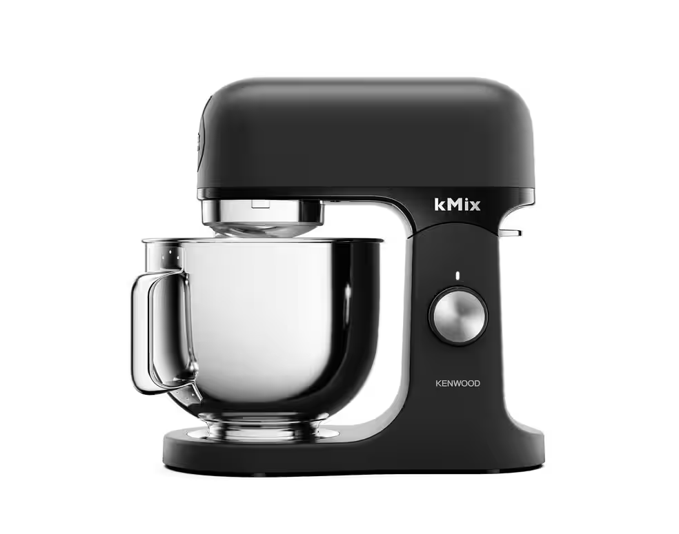 Schwarzer Küchenmixer mit Edelstahlschüssel. Kenwood-Logo an der Seite.