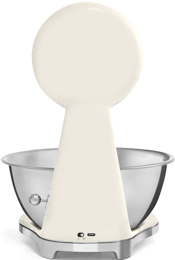 Cremefarbener Küchenmixer mit Edelstahlschüssel. Rückansicht.