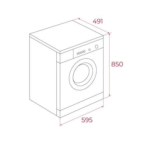 Dibujo lineal de una lavadora con dimensiones.