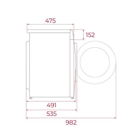 Diagrama que muestra las dimensiones de una lavadora: ancho 475/491/535 mm, profundidad 982 mm, altura 152 mm.