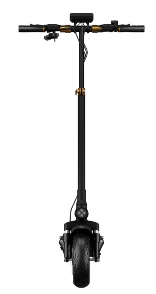 Czarna hulajnoga elektryczna, widok z przodu. Ma jedno przednie koło i kierownicę.