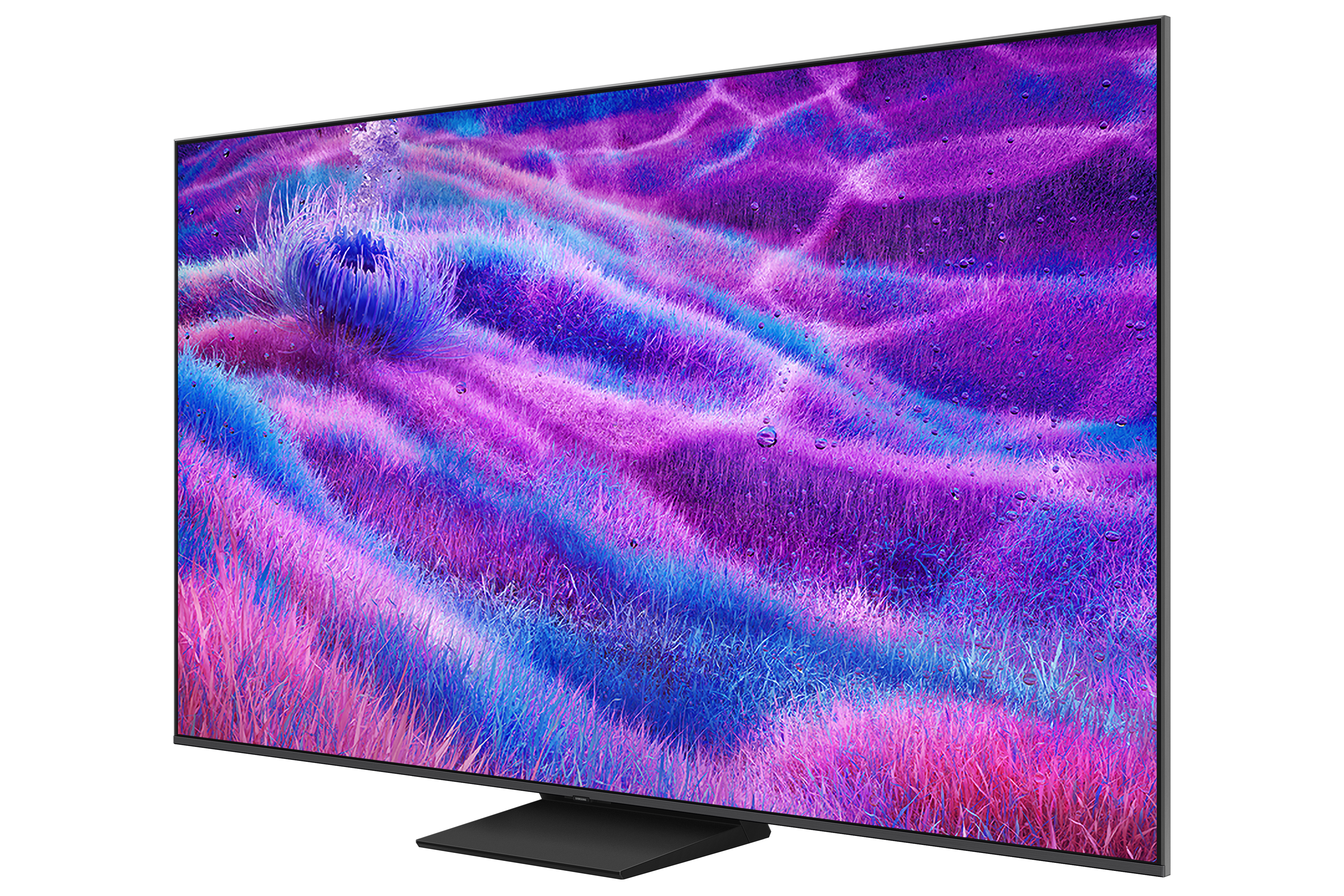 Ein Fernseher zeigt eine farbenfrohe, abstrakte Anzeige. Schwarzer Rahmen. Aus einem Winkel gesehen.