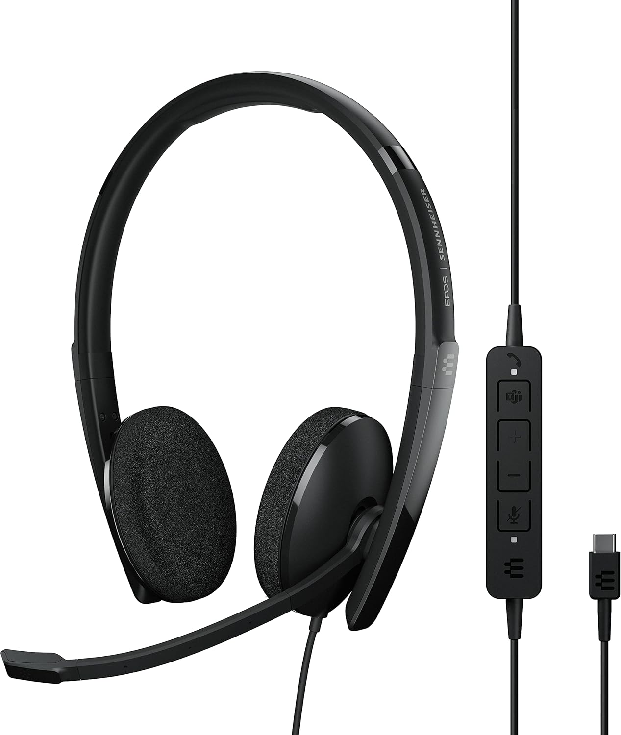 Auriculares EPOS Sennheiser negros con panel de control y conector USB-C. Fondo blanco.