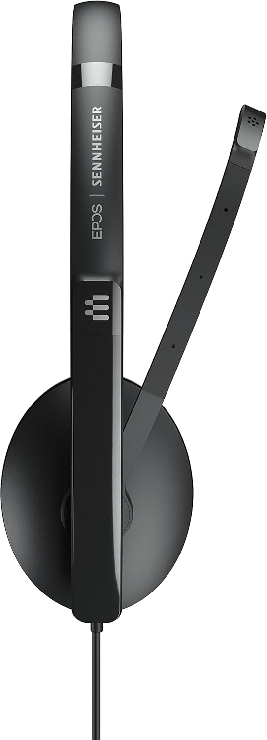 Auriculares EPOS Sennheiser negros, con micrófono y altavoz redondo.