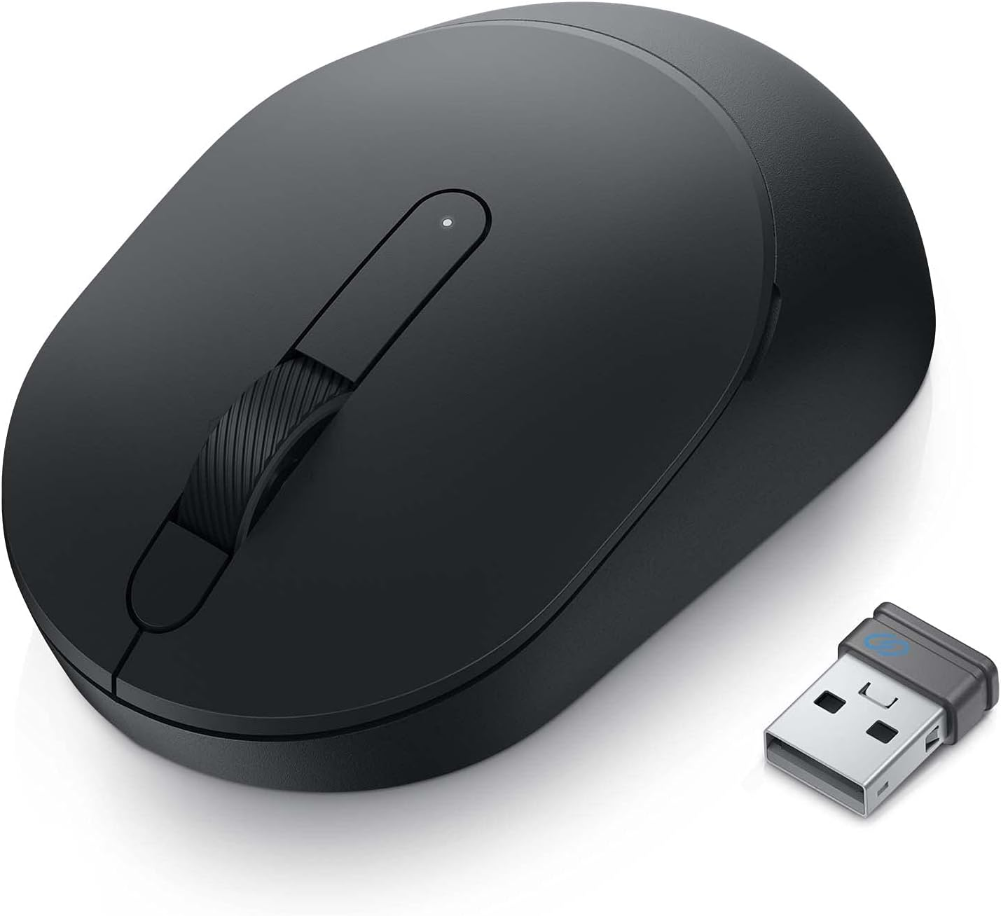 Ratón inalámbrico negro con receptor USB. Tiene rueda de desplazamiento y una luz pequeña.