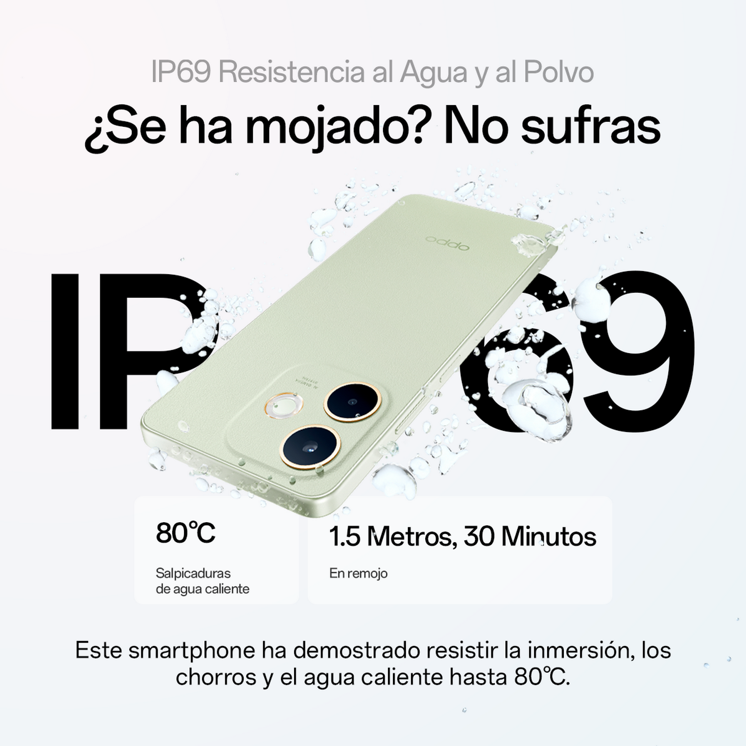 Un smartphone con información de resistencia al agua, mostrando gotas de agua y texto.