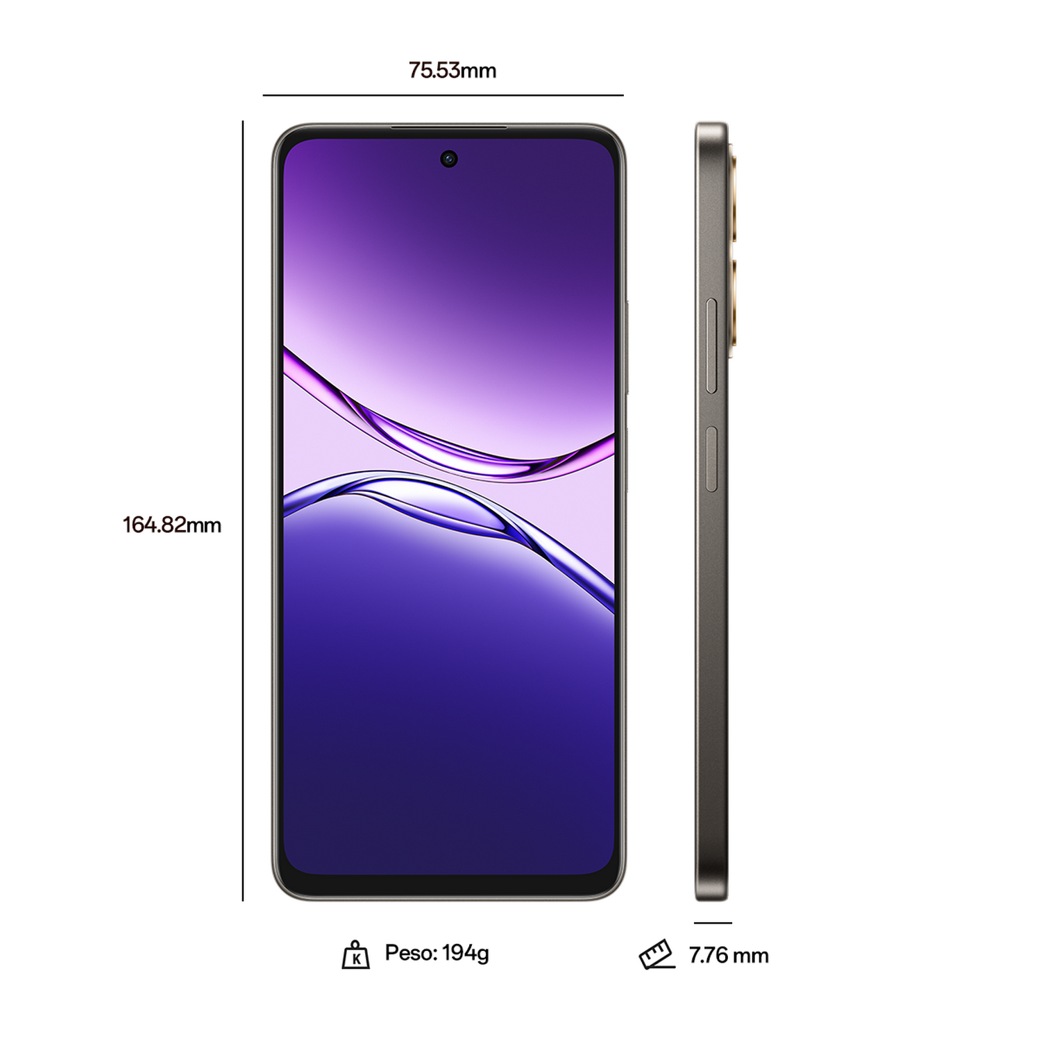 Smartphone desde el frente y el lado. Dimensiones y peso se muestran en la pantalla.