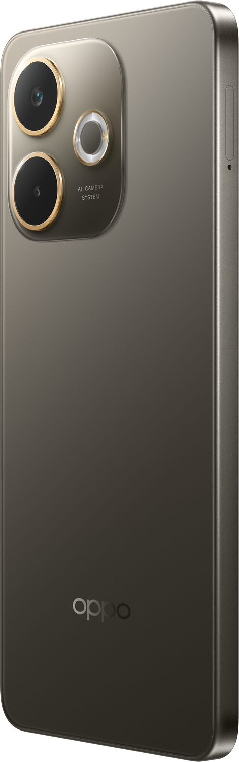 Primer plano de un smartphone gris con módulo de cámara y el logotipo de Oppo.