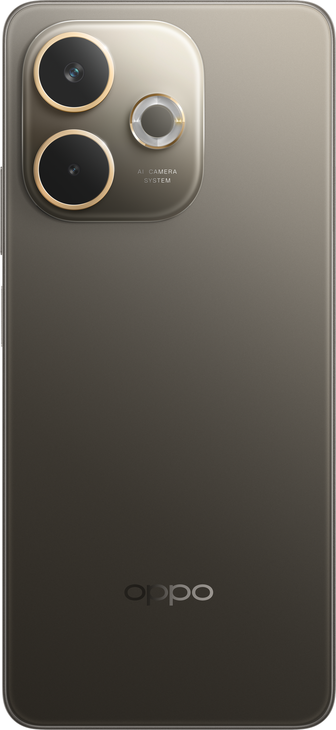 Smartphone gris con lentes de cámara. Logotipo de Oppo en la parte inferior. Fondo negro.