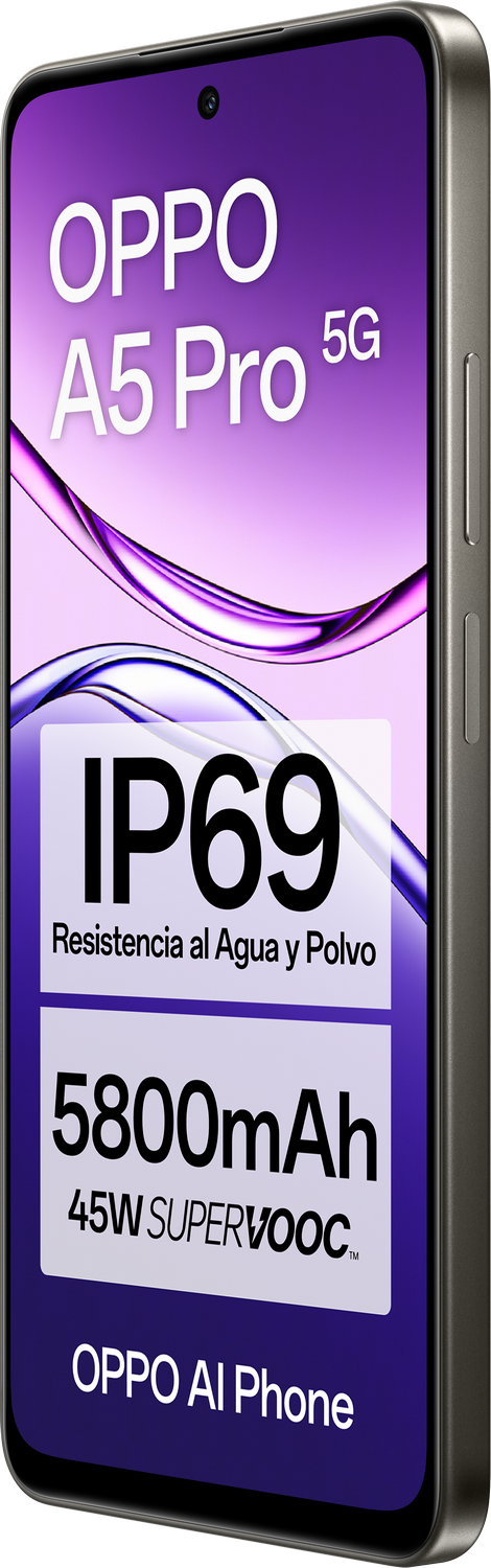 Un teléfono OPPO A5 Pro 5G, con texto sobre resistencia al agua y al polvo, y batería.