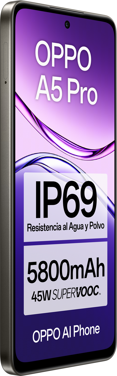 Primer plano de un smartphone con texto: OPPO A5 Pro, IP69, 5800mAh.
