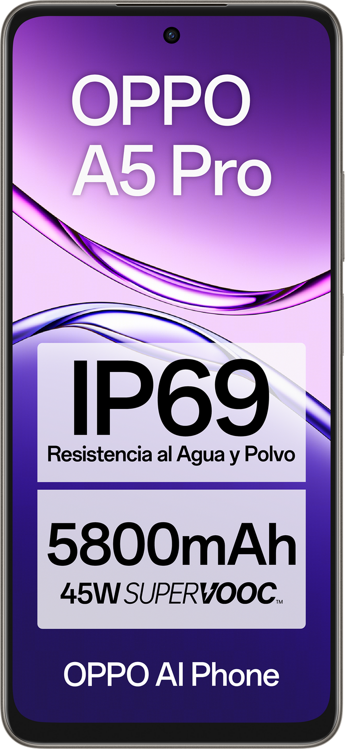 Smartphone OPPO A5 Pro. Características IP69, batería de 5800mAh y 45W SuperVOOC. Texto blanco en el teléfono.