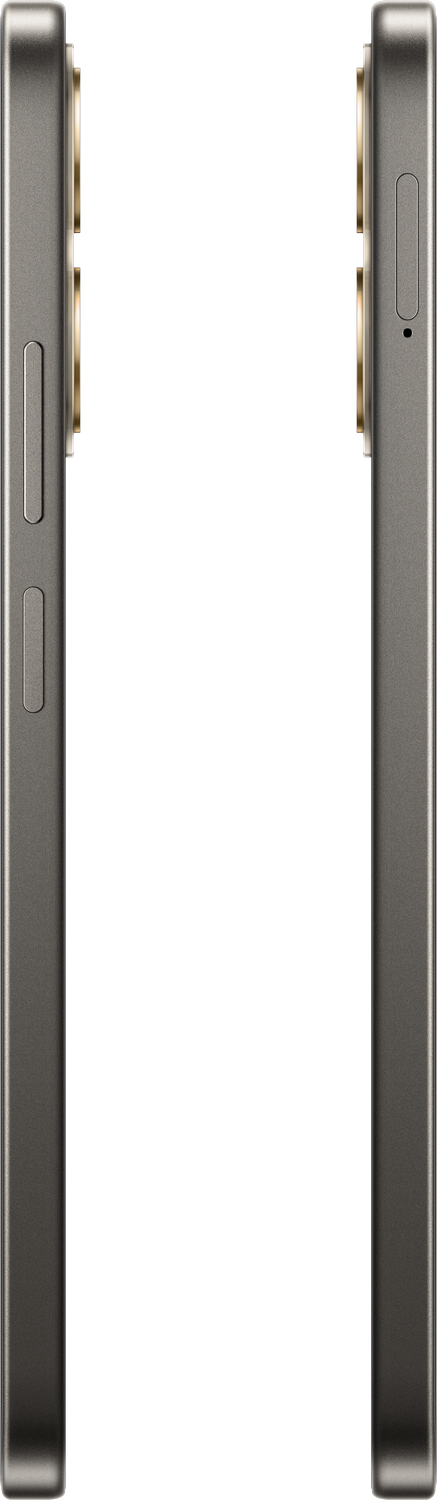 Se muestran dos lados de un smartphone gris, mostrando la cámara y los botones.