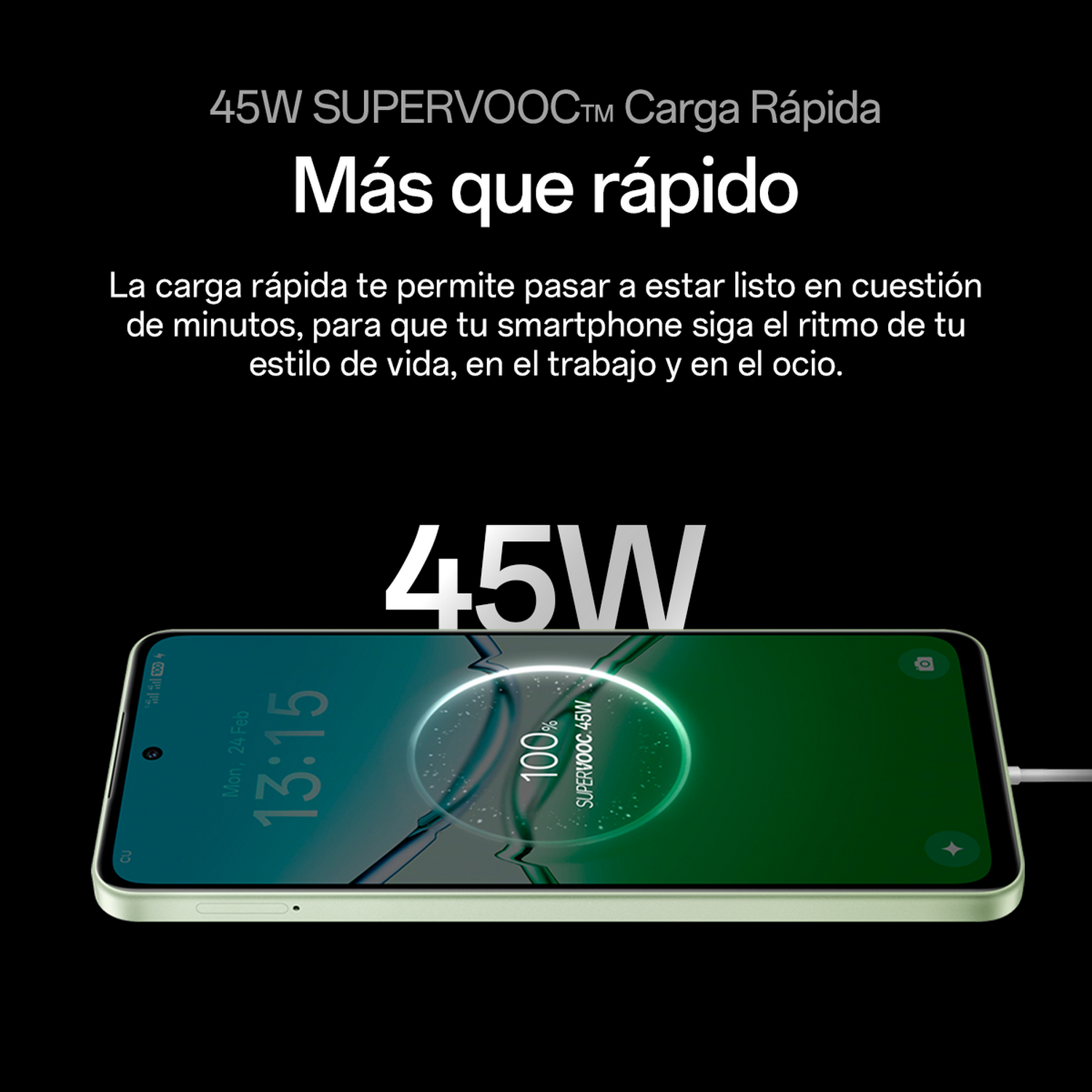Un smartphone muestra el 100% de batería, carga rápida, con el texto '45W SUPERVOOC'.