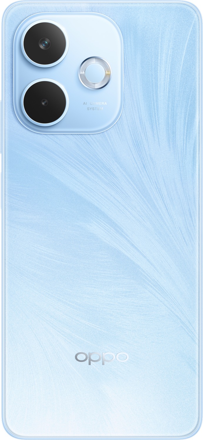 Parte trasera de un smartphone azul cielo, con cámaras y logotipo de Oppo. Diseño limpio.