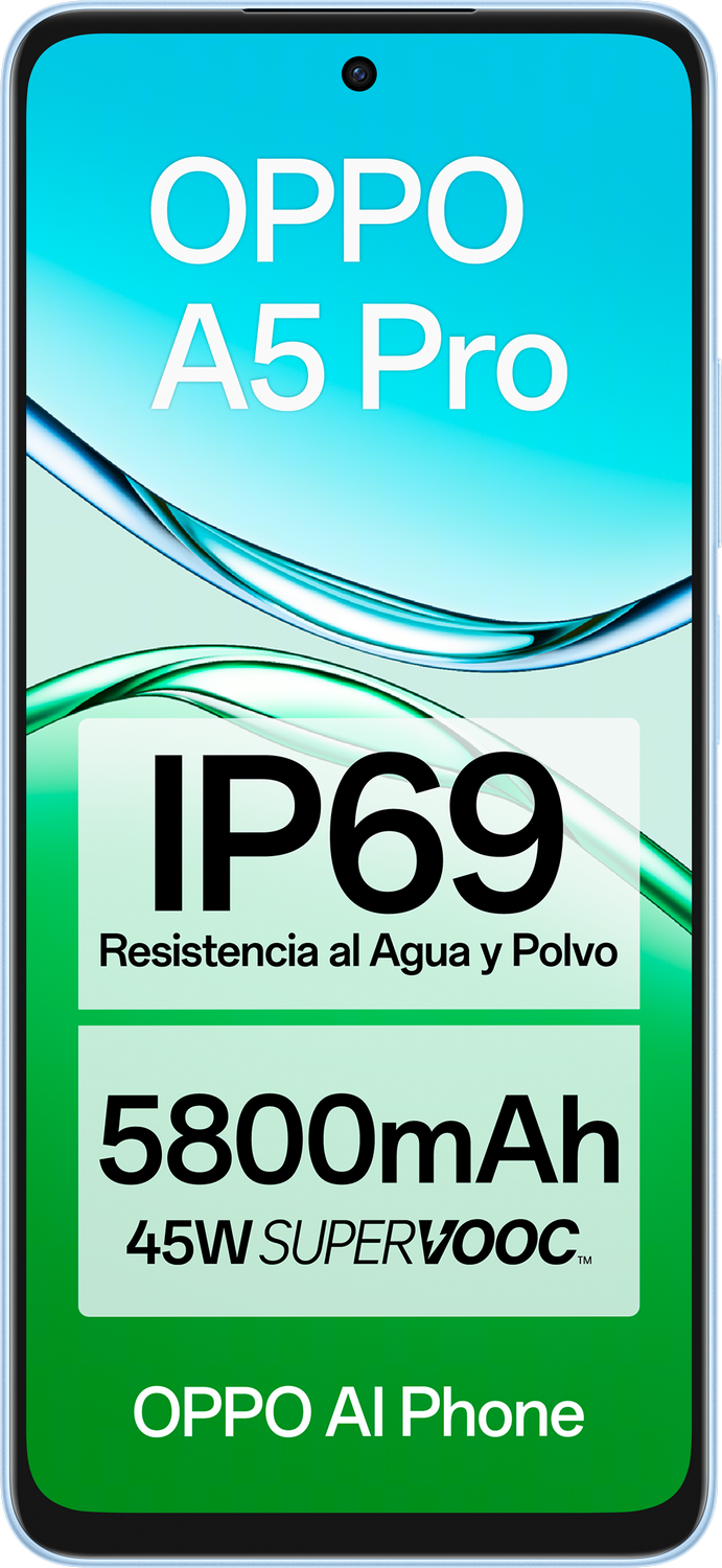 Un smartphone con el logo Oppo A5 Pro. Muestra detalles IP69, 5800mAh y 45W.