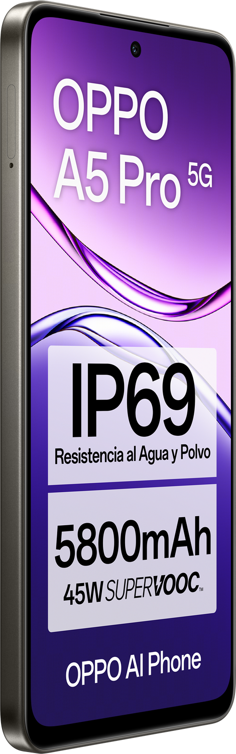 Teléfono Oppo A5 Pro 5G con superposición de texto: IP69, 5800 mAh y Oppo AI Phone.