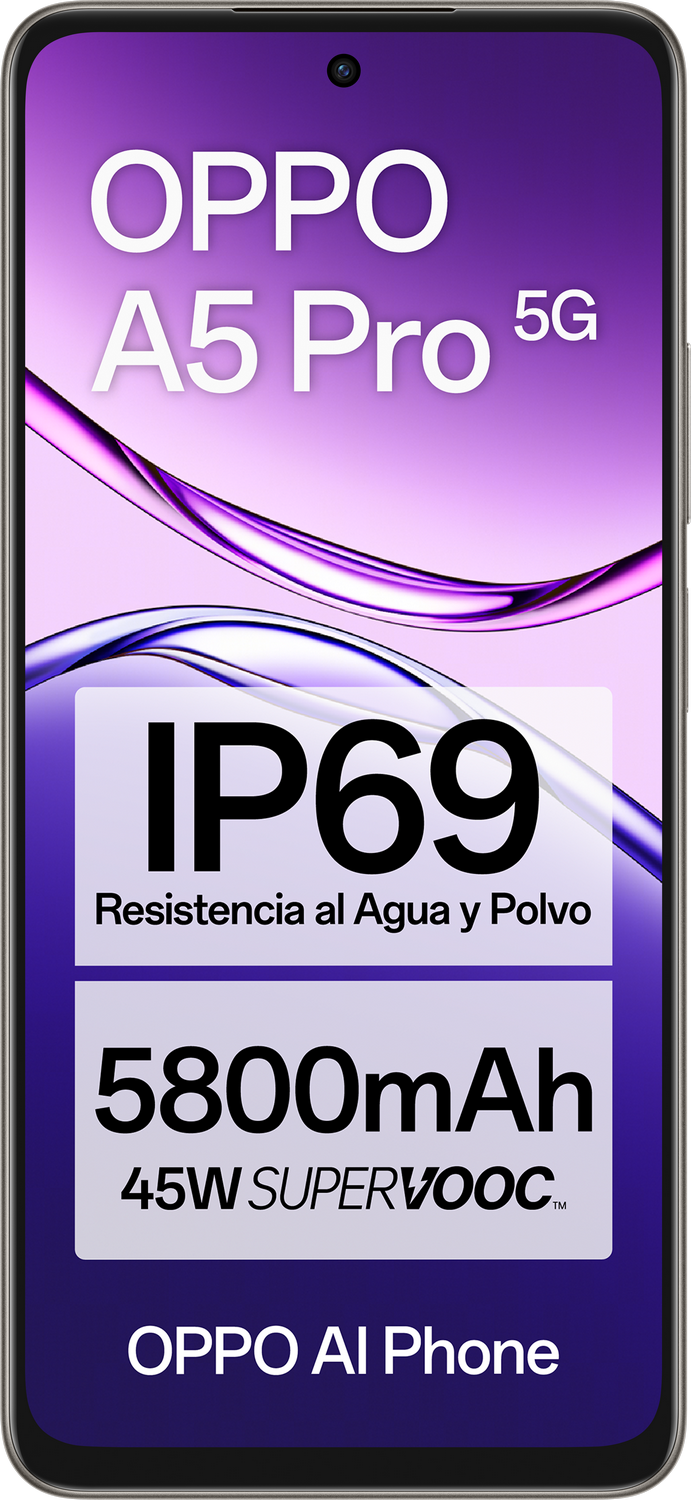 Teléfono OPPO A5 Pro 5G con resistencia al agua y polvo, batería 5800mAh.