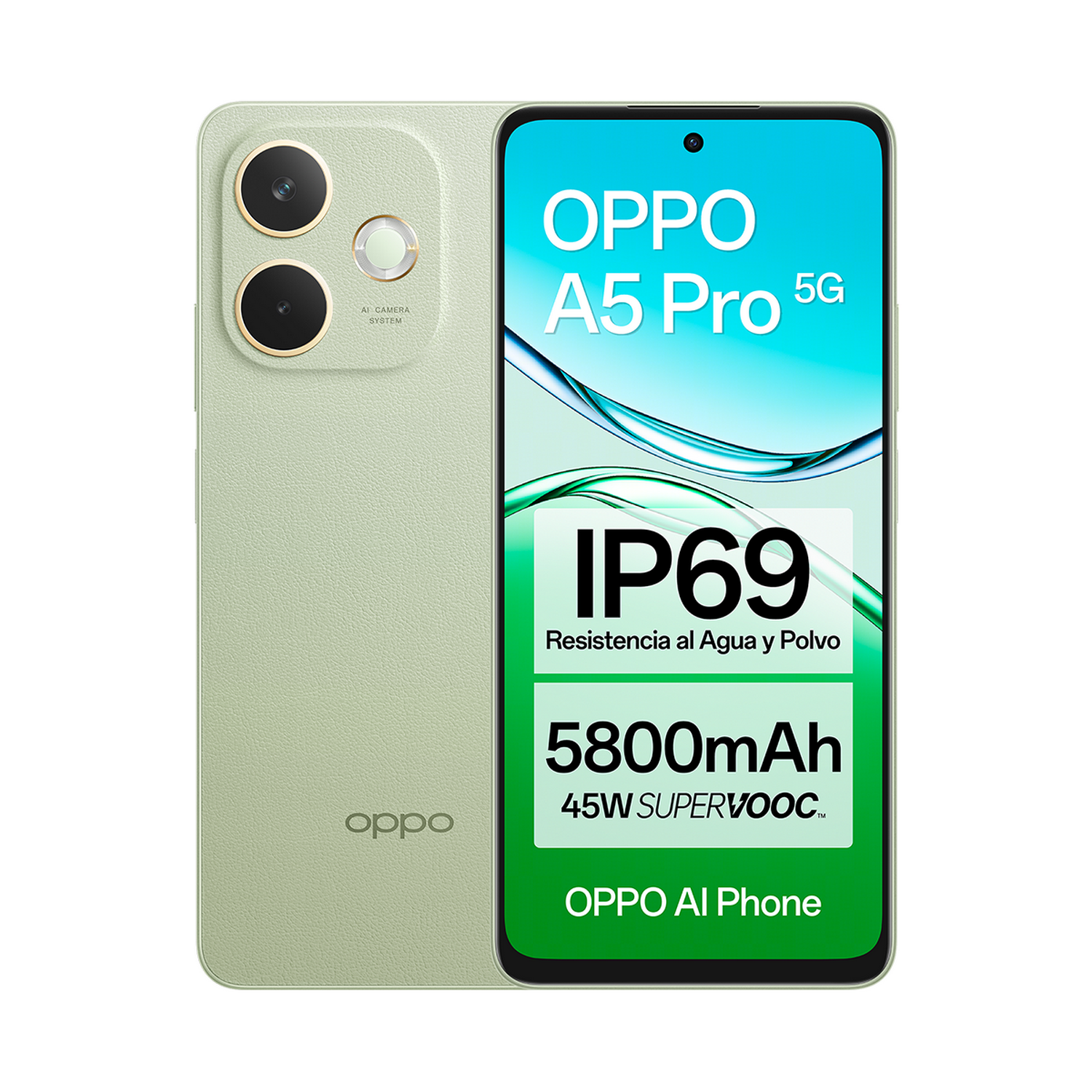 Teléfono verde con cámaras traseras y pantalla mostrando 'OPPO A5 Pro 5G' y especificaciones.