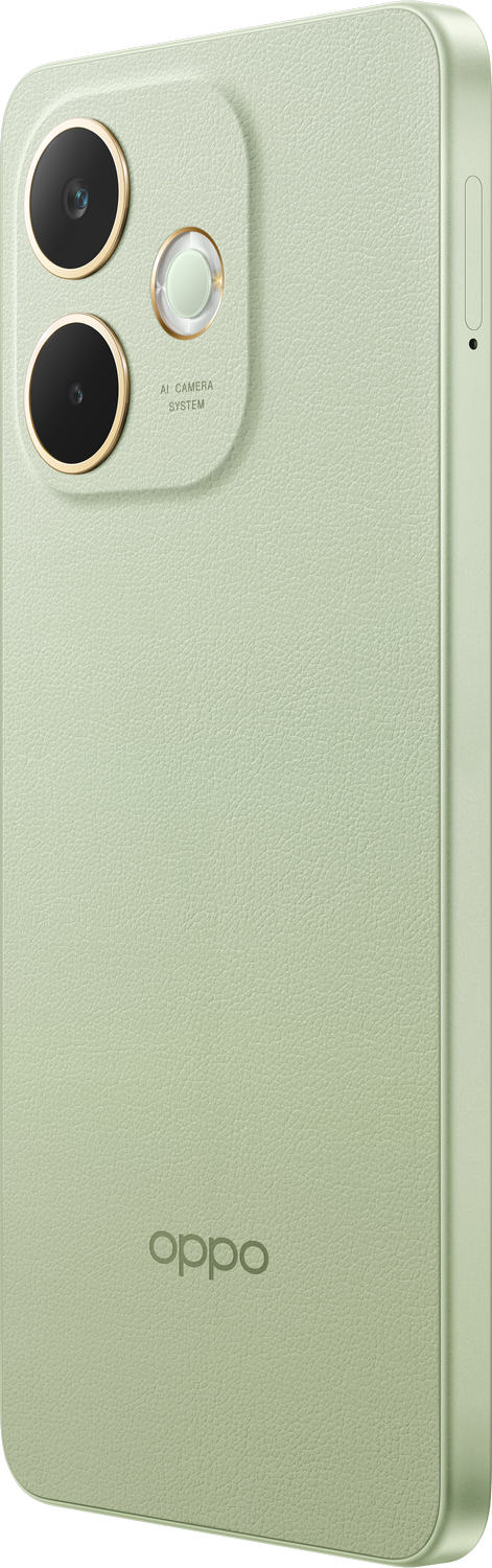 Teléfono verde visto de lado. Tiene lentes de cámara, logo Oppo y superficie texturizada.
