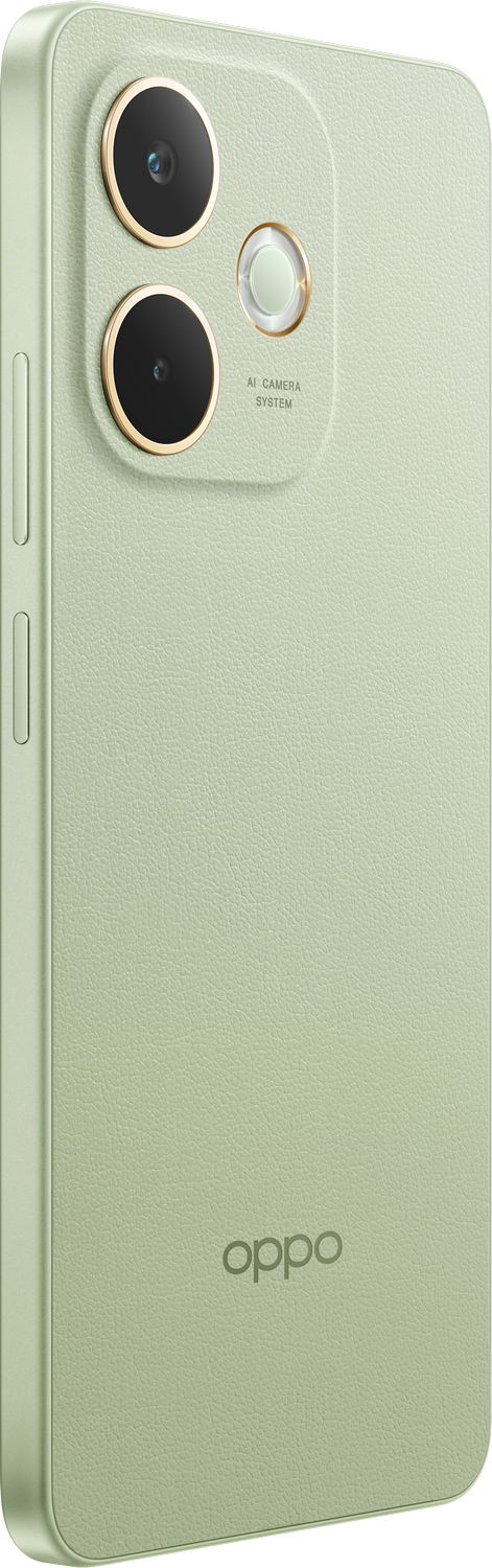 Un teléfono verde claro con lentes de cámara y el logotipo de Oppo. El teléfono está en ángulo a la derecha.