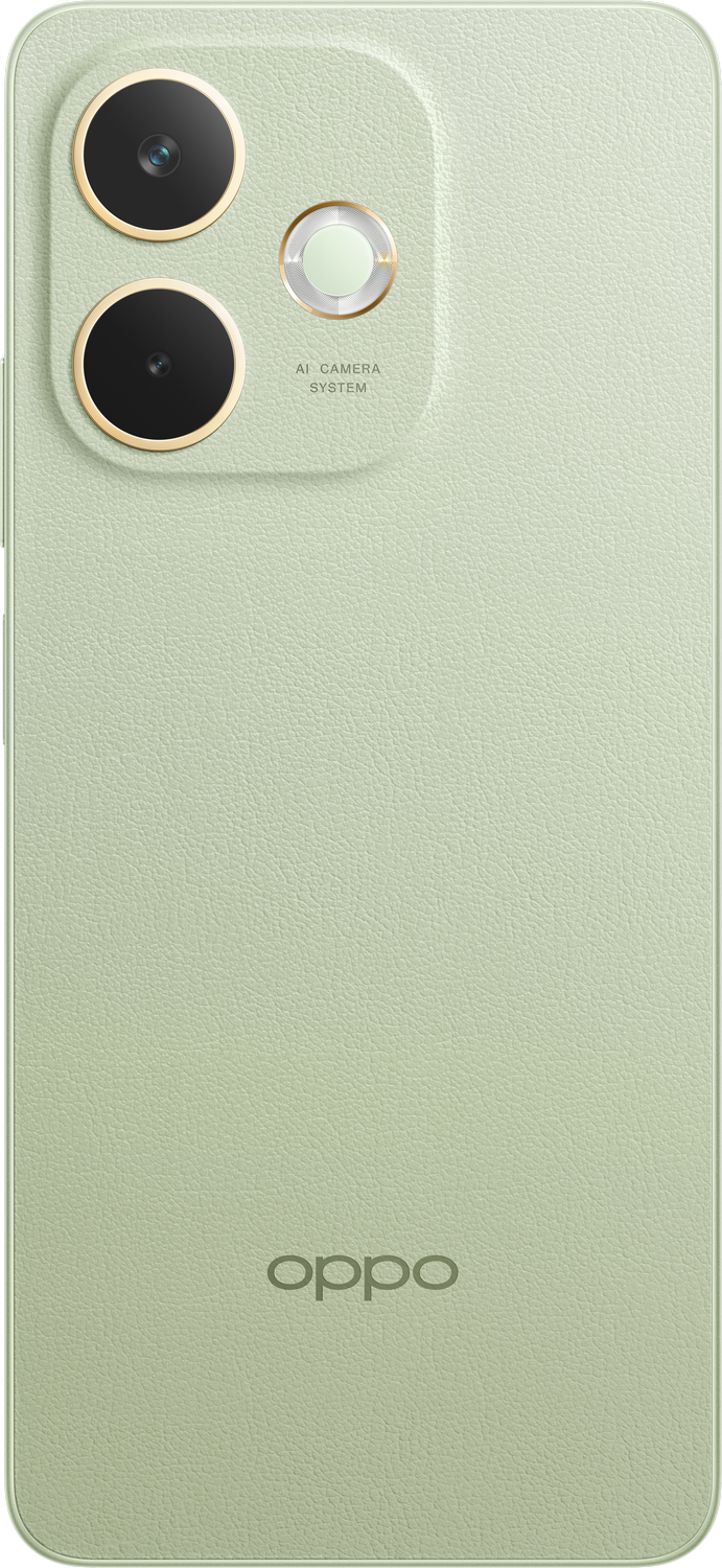 Teléfono verde con tres lentes de cámara y el logo de oppo.