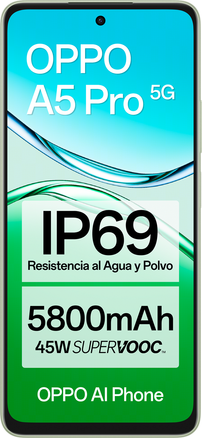 Teléfono OPPO A5 Pro 5G con texto sobre resistencia al agua, batería de 5800mAh y 45W SuperVOOC.