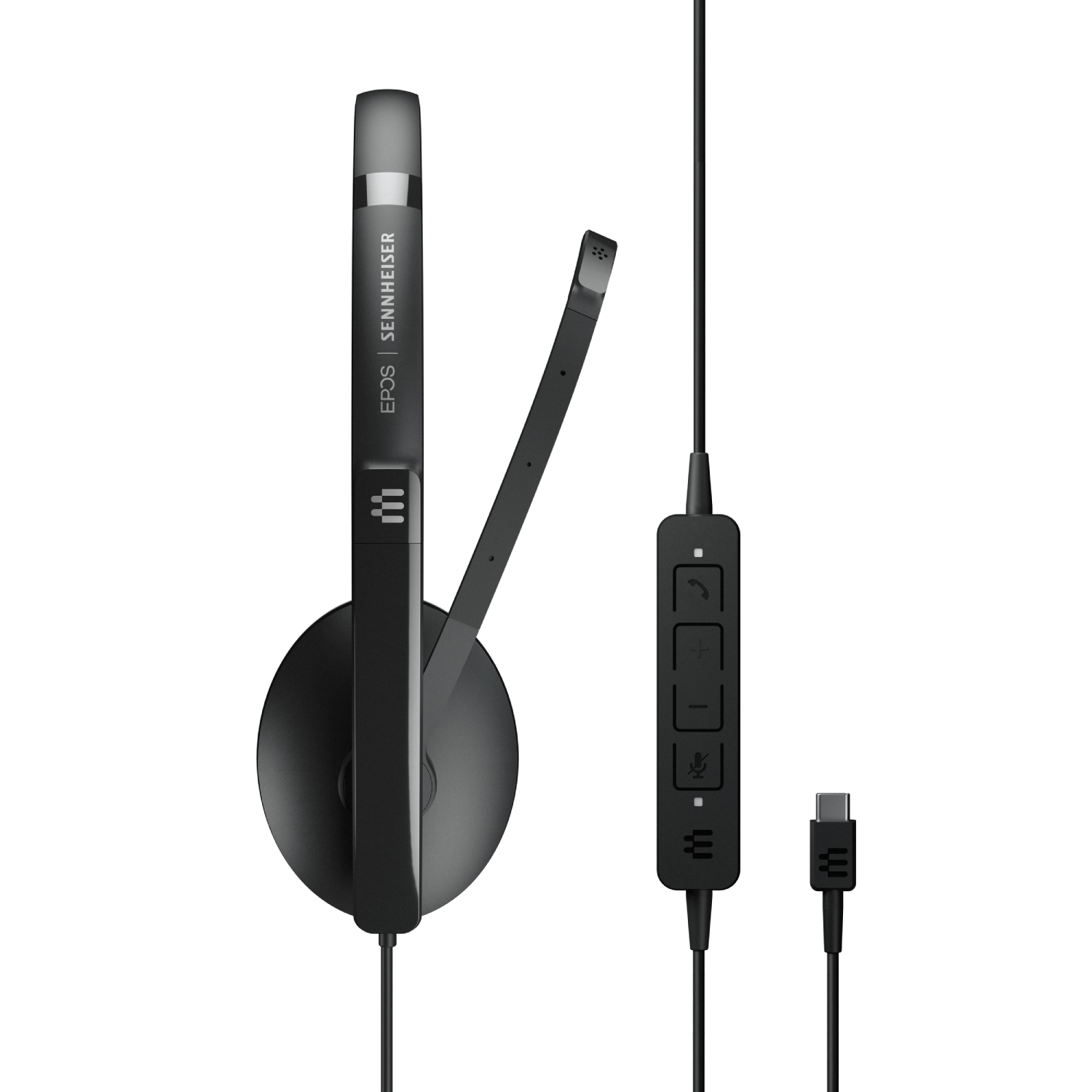 Auriculares negros con micrófono. Tiene un panel de control y un conector USB-C.