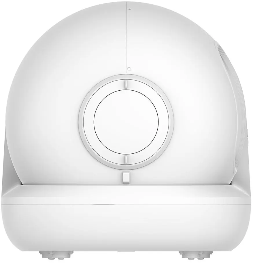 Telecamera di sicurezza bianca con lente circolare centrale e due piedini.