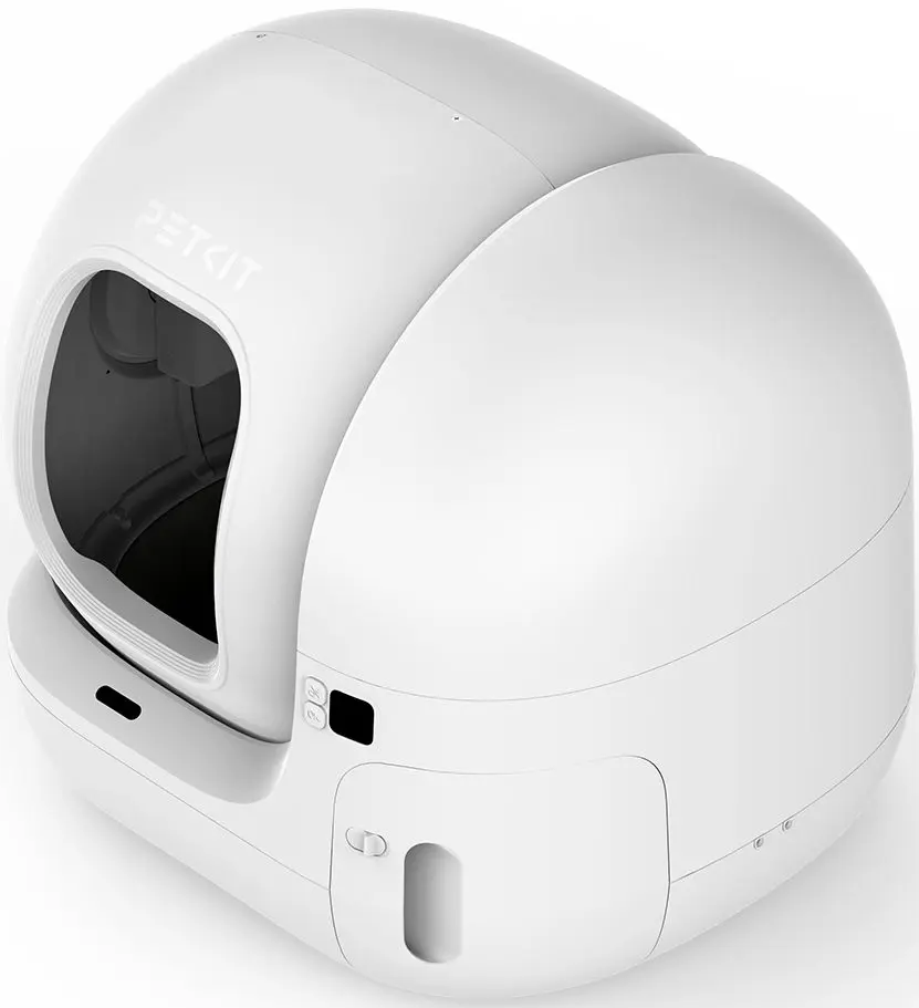 Una lettiera automatica per gatti, bianca e arrotondata, con il logo PETKIT.