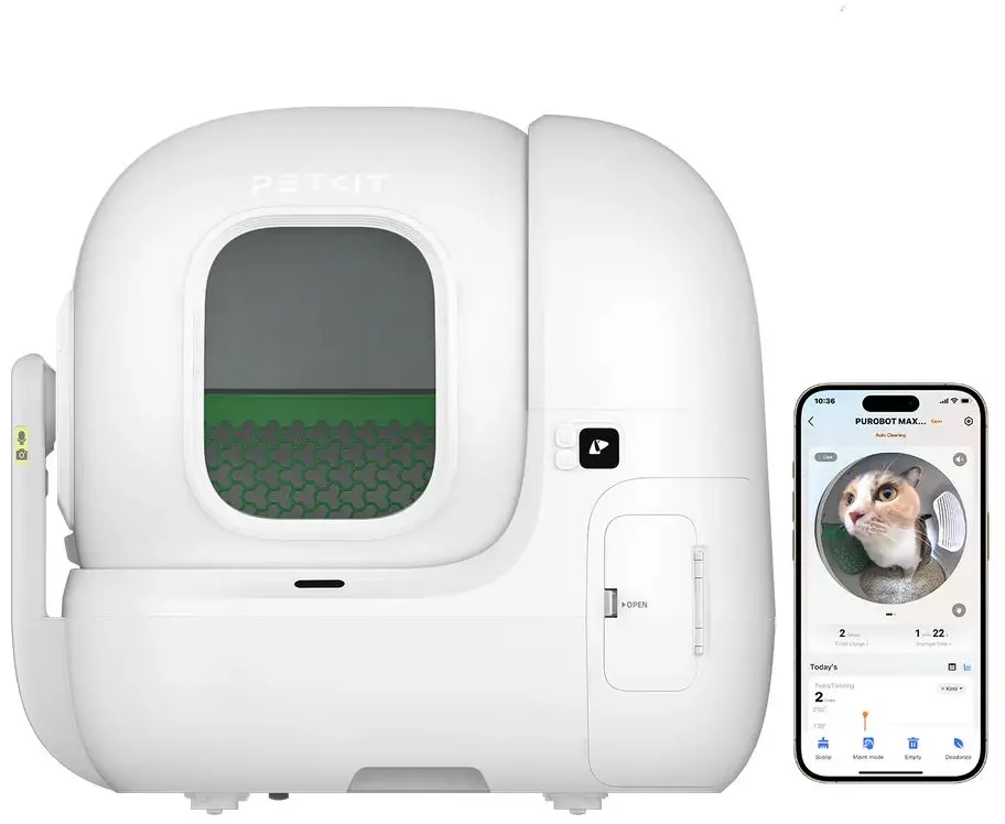 Litière blanche pour chat avec un smartphone affichant l'état de la litière et une photo de chat.