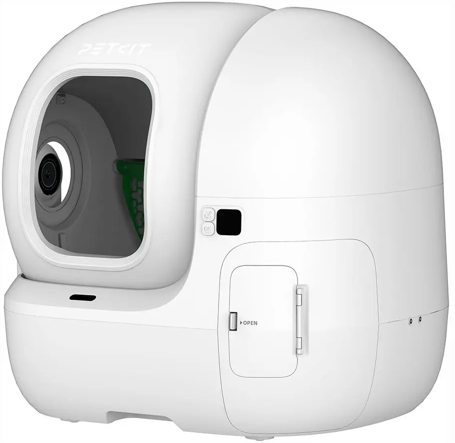 Un bac à litière automatique pour chats blanc avec une porte ouverte et des boutons de commande. La marque est PETKIT.