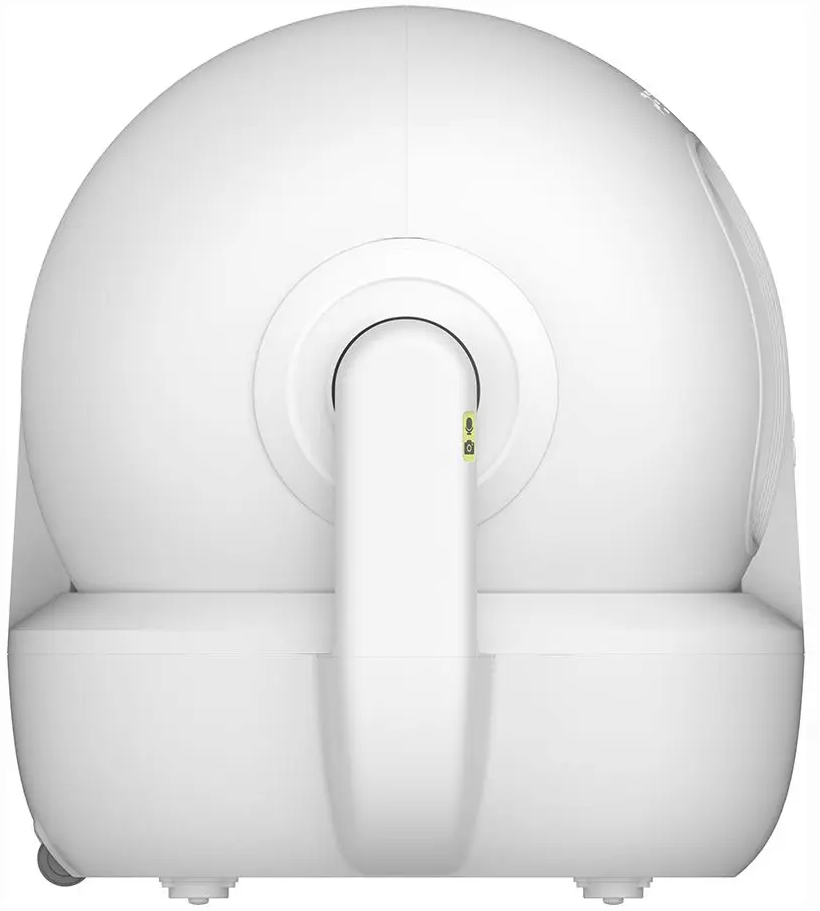Caméra de sécurité domestique intelligente blanche et arrondie avec un bras incurvé.