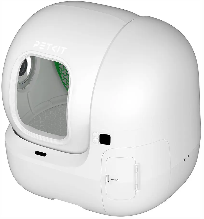 Un bac à litière automatique pour chats blanc et gris.