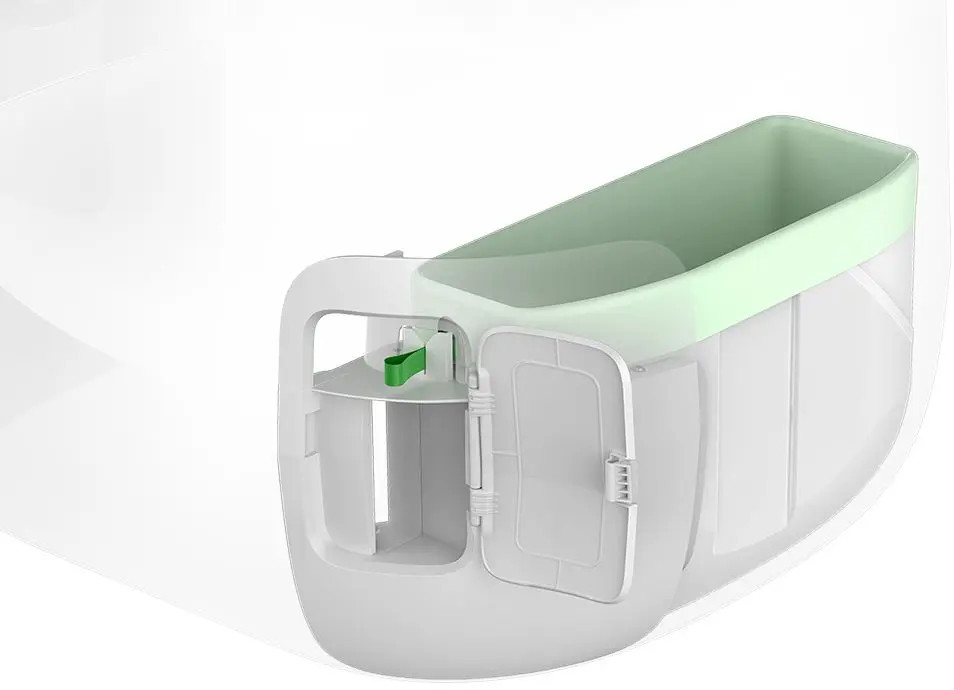 Poubelle blanche et verte avec porte ouverte et petite étagère.