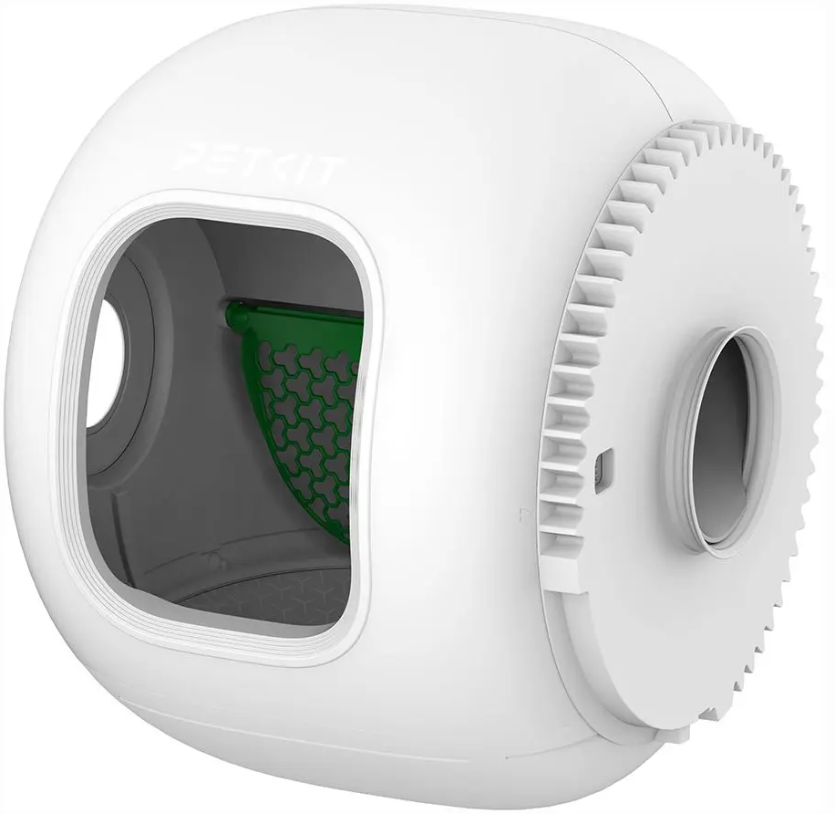 Litière sphérique blanche pour animaux avec grille verte et cadran rotatif.