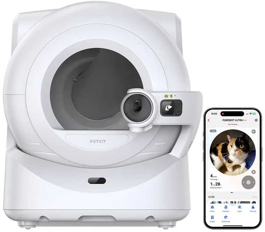Lettiera automatica bianca per gatti con un telefono cellulare che mostra l'interfaccia dell'app.